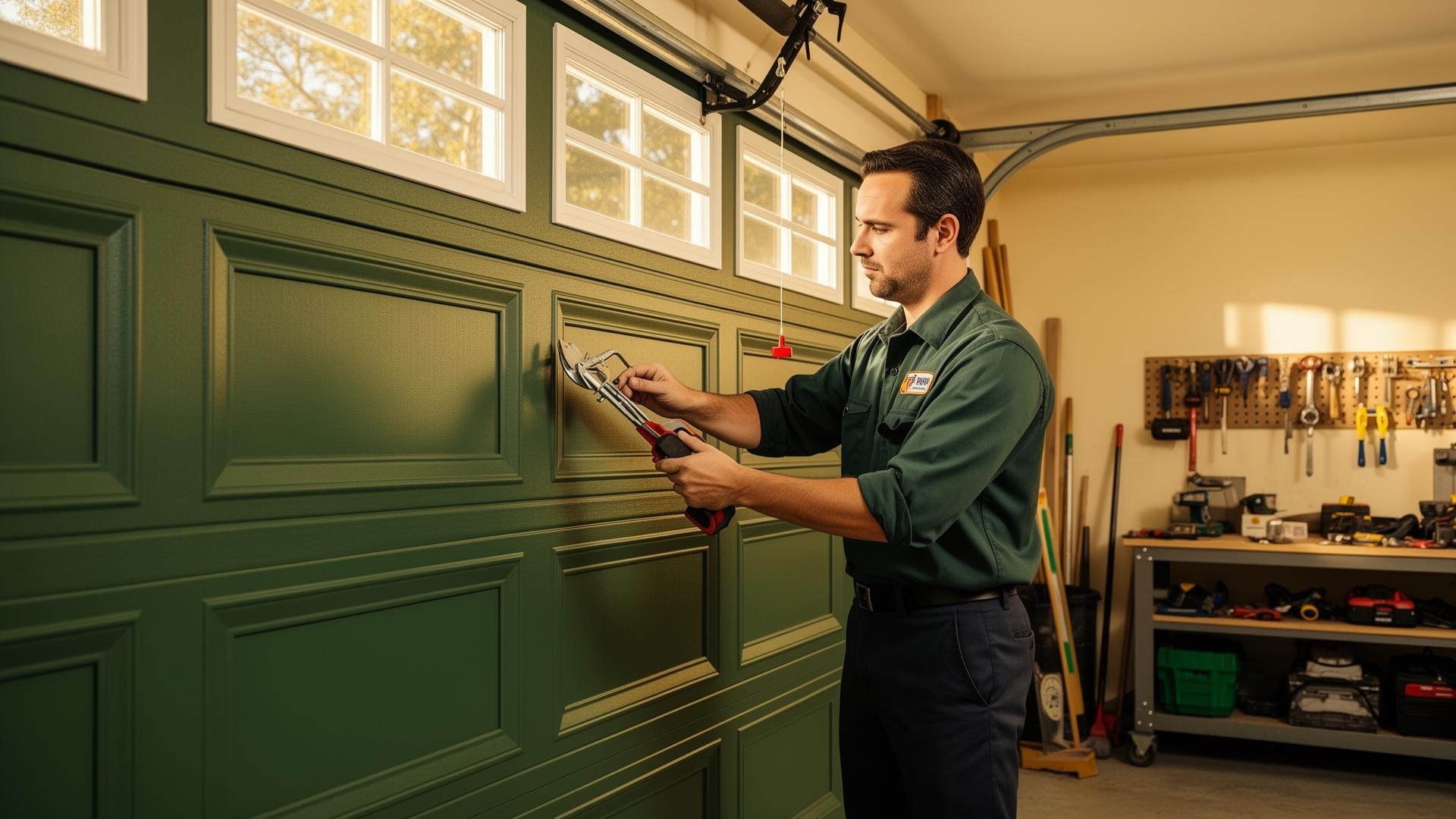 Professional garage door service technician installing a new garage door in Falmouth
